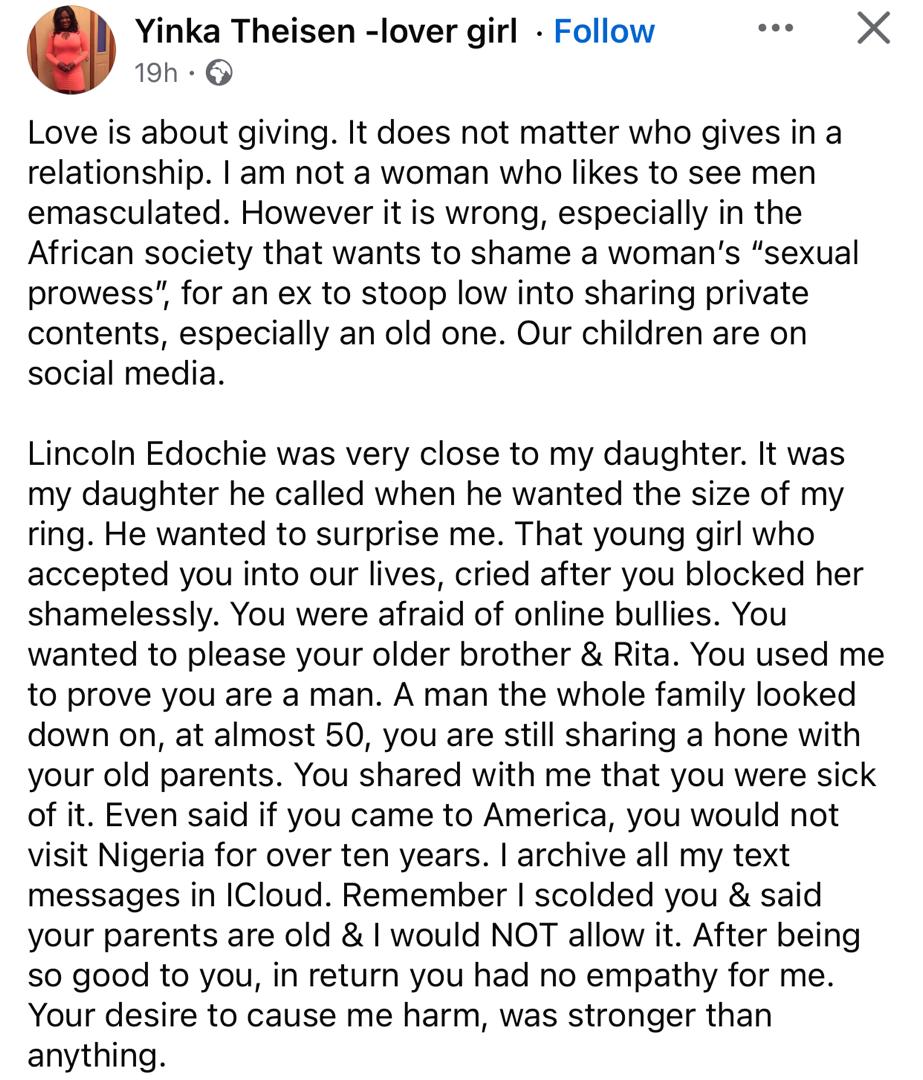 At almost 50, you are still sharing a home with your old parents - Yinka Theisen continues to tackle her ex, Linc Edochie